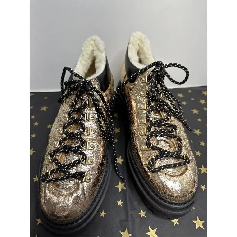 SCHUTZ Shoes Womens Size 5B Boots Shearling Lace Up Hiker Booties Gold‎ Leather